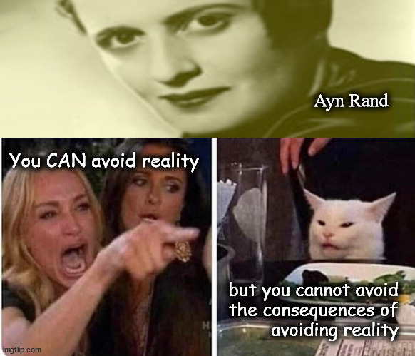 You can avoid reality, but you cannot avoid the consequences of avoiding reality | Ayn Rand; You CAN avoid reality; but you cannot avoid
the consequences of
avoiding reality | image tagged in lady screams at cat,ayn rand,willful ignorance | made w/ Imgflip meme maker