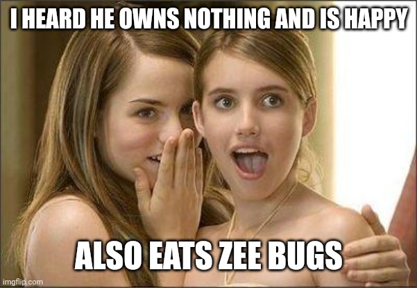 Girls gossiping | I HEARD HE OWNS NOTHING AND IS HAPPY; ALSO EATS ZEE BUGS | image tagged in girls gossiping | made w/ Imgflip meme maker
