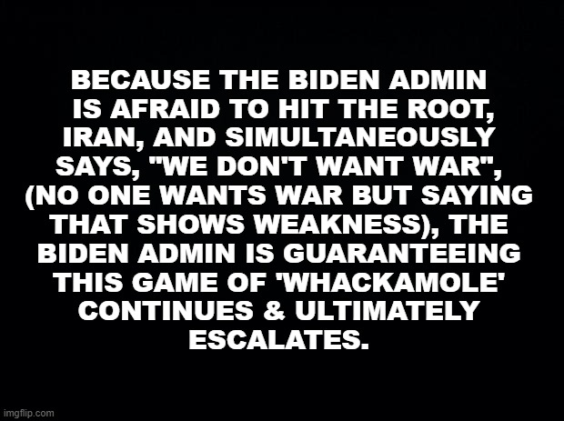 BIden's Game of Whackamole w/ Iran | BECAUSE THE BIDEN ADMIN
 IS AFRAID TO HIT THE ROOT,
IRAN, AND SIMULTANEOUSLY
SAYS, "WE DON'T WANT WAR",
(NO ONE WANTS WAR BUT SAYING
THAT SHOWS WEAKNESS), THE
BIDEN ADMIN IS GUARANTEEING
THIS GAME OF 'WHACKAMOLE'
CONTINUES & ULTIMATELY
ESCALATES. | image tagged in biden,iran,terrorism,war,proxy,houthi | made w/ Imgflip meme maker