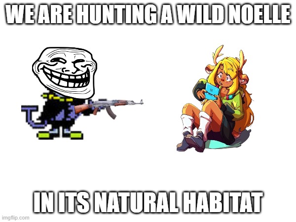 huntin | WE ARE HUNTING A WILD NOELLE; IN ITS NATURAL HABITAT | image tagged in jevil,noelle,trolling,ak47 | made w/ Imgflip meme maker