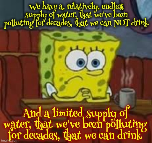 We Are Water Based Life Forms | We have a, relatively, endless supply of water, that we've been polluting for decades, that we can NOT drink; And a limited supply of water, that we've been polluting for decades, that we can drink | image tagged in sponge bob,water based life form,the human body,lakes,oceans,memes | made w/ Imgflip meme maker