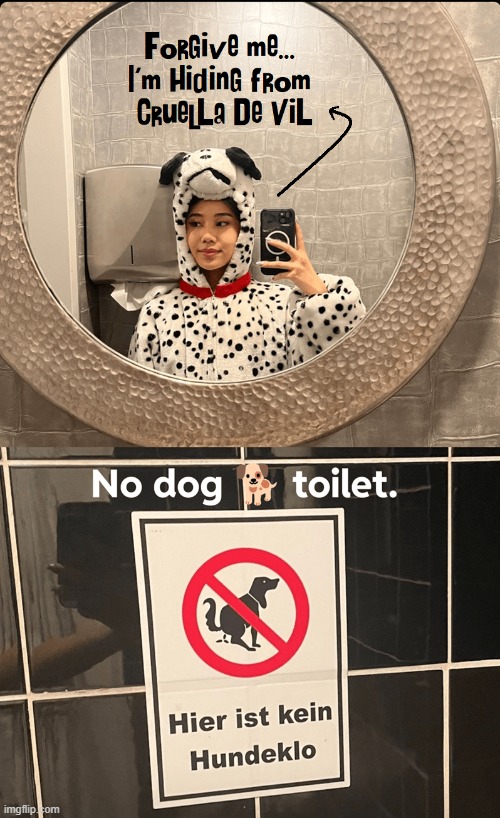 Translation: There is no Dog Toilet Here | image tagged in vince vance,101 dalmations,cruella deville,costume,toilet,memes | made w/ Imgflip meme maker