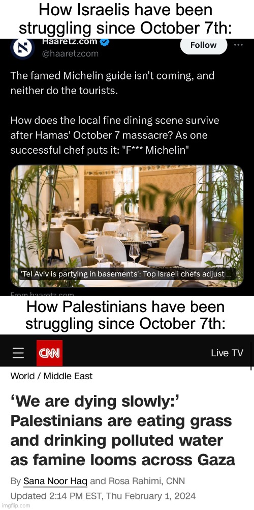 I wonder if Nazi Germany ever referred to their actions during the holocaust as a war. | How Israelis have been struggling since October 7th:; How Palestinians have been struggling since October 7th: | image tagged in israel,palestine,holocaust,genocide | made w/ Imgflip meme maker