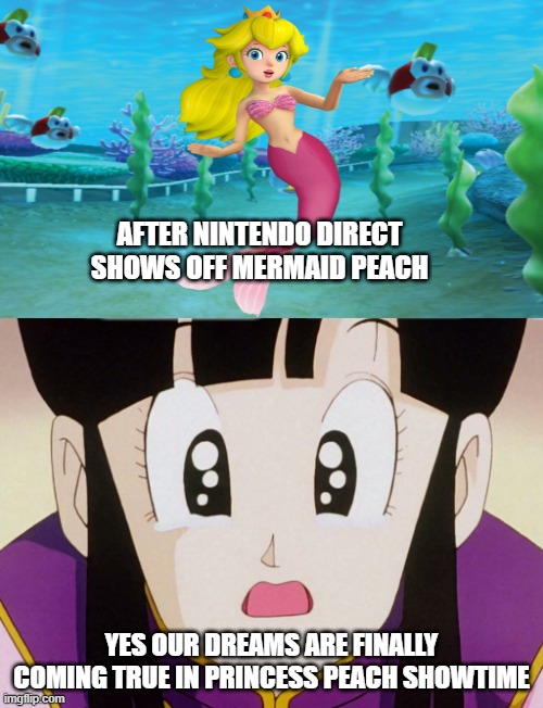 chi chi crying for mermaid princess peach | AFTER NINTENDO DIRECT SHOWS OFF MERMAID PEACH; YES OUR DREAMS ARE FINALLY COMING TRUE IN PRINCESS PEACH SHOWTIME | image tagged in chi chi crying for who,princess peach,mermaid,nintendo,follow your dreams | made w/ Imgflip meme maker