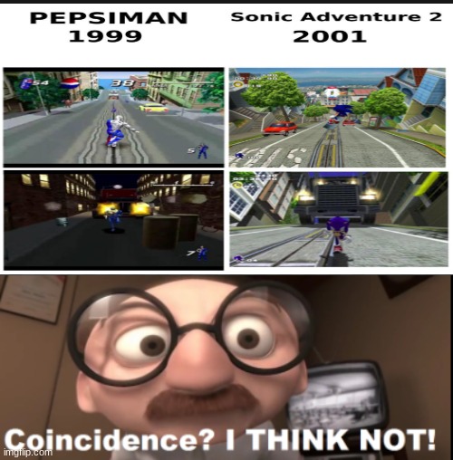 Sonic copied pepsiman? | image tagged in sonic the hedgehog,sonic adventure 2,gaming,video games,2001,2000s | made w/ Imgflip meme maker