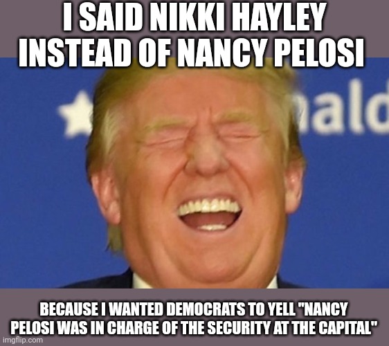 Trump trumps them again.... | I SAID NIKKI HAYLEY INSTEAD OF NANCY PELOSI; BECAUSE I WANTED DEMOCRATS TO YELL "NANCY PELOSI WAS IN CHARGE OF THE SECURITY AT THE CAPITAL" | image tagged in trump laughing | made w/ Imgflip meme maker