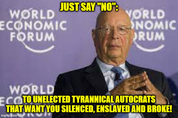 JUST SAY "NO":; TO UNELECTED TYRANNICAL AUTOCRATS THAT WANT YOU SILENCED, ENSLAVED AND BROKE! | made w/ Imgflip meme maker