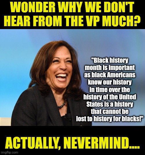 Something tells me Kamala is going to be kept hidden until November.... | WONDER WHY WE DON'T HEAR FROM THE VP MUCH? "Black history month is important as black Americans know our history in time over the history of the United States is a history that cannot be lost to history for blacks!"; ACTUALLY, NEVERMIND.... | image tagged in kamala harris laughing,losers,democrats,joe biden worries,liberal logic,task failed successfully | made w/ Imgflip meme maker