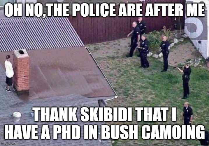 camping | OH NO,THE POLICE ARE AFTER ME; THANK SKIBIDI THAT I HAVE A PHD IN BUSH CAMOING | image tagged in fortnite meme | made w/ Imgflip meme maker