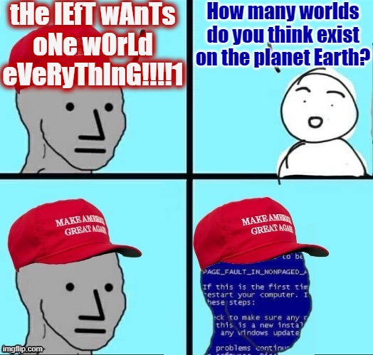 Do nationalists think different nations exist on different planets? Or do they just not think? | tHe lEfT wAnTs
oNe wOrLd
eVeRyThInG!!!!1; How many worlds
do you think exist
on the planet Earth? | image tagged in npc maga blue screen fixed textboxes,conservative logic,world,globalism,earth,white nationalism | made w/ Imgflip meme maker