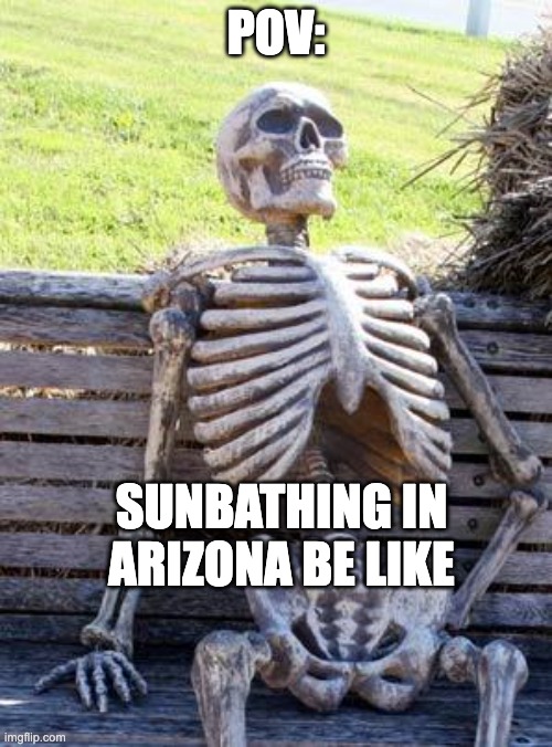 a day in arizona | POV:; SUNBATHING IN ARIZONA BE LIKE | image tagged in memes,waiting skeleton | made w/ Imgflip meme maker