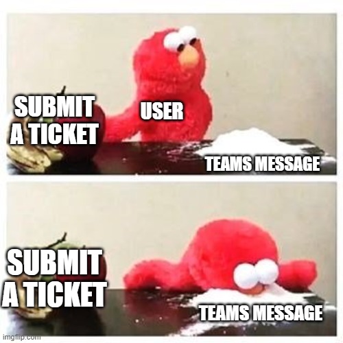 elmo cocaine | SUBMIT A TICKET; USER; TEAMS MESSAGE; SUBMIT A TICKET; TEAMS MESSAGE | image tagged in elmo cocaine | made w/ Imgflip meme maker
