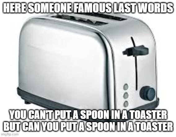 LOL | HERE SOMEONE FAMOUS LAST WORDS; YOU CAN'T PUT A SPOON IN A TOASTER BUT CAN YOU PUT A SPOON IN A TOASTER | image tagged in toaster | made w/ Imgflip meme maker