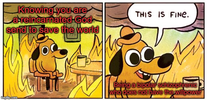 Being mindful | Knowing you are a reincarnated God send to save the world; Being a bipolar schizophrenic who does not have the willpower | image tagged in memes,this is fine,schizophrenia | made w/ Imgflip meme maker
