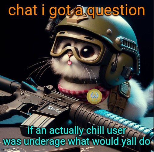idk | chat i got a question; if an actually chill user was underage what would yall do | image tagged in ai generated silly critter but better | made w/ Imgflip meme maker