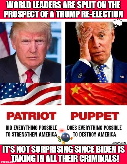 president Trump vs pretender Biden, world leaders are split | WORLD LEADERS ARE SPLIT ON THE
PROSPECT OF A TRUMP RE-ELECTION; Angel Soto; IT'S NOT SURPRISING SINCE BIDEN IS
  TAKING IN ALL THEIR CRIMINALS! | image tagged in president trump vs pretender biden,trump,biden,presidential election,illegal immigrants,criminals | made w/ Imgflip meme maker