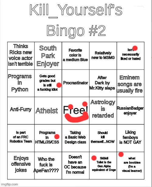 liking femboys is NOT gay | image tagged in kill_yourself bingo 2 | made w/ Imgflip meme maker