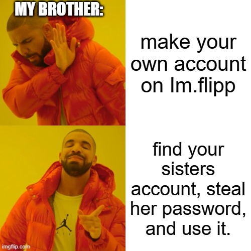 This B#tch will see this but I don`t care! | MY BROTHER:; make your own account on Im.flipp; find your sisters account, steal her password, and use it. | image tagged in memes,drake hotline bling,annoying brother | made w/ Imgflip meme maker