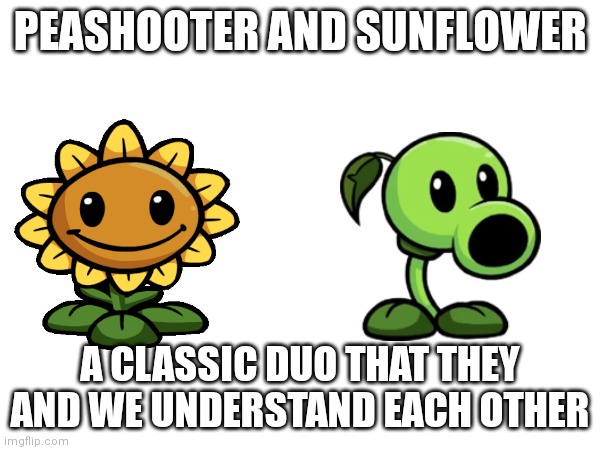Classic | PEASHOOTER AND SUNFLOWER; A CLASSIC DUO THAT THEY AND WE UNDERSTAND EACH OTHER | image tagged in memes,pvz,peashooter,sunflower | made w/ Imgflip meme maker