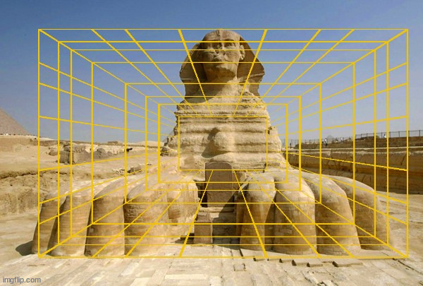 The Great Sphinx with a Golden Ratio Trapezoid/Cuboid overlay. | image tagged in the great sphinx,the golden ratio,geometry,vision | made w/ Imgflip meme maker