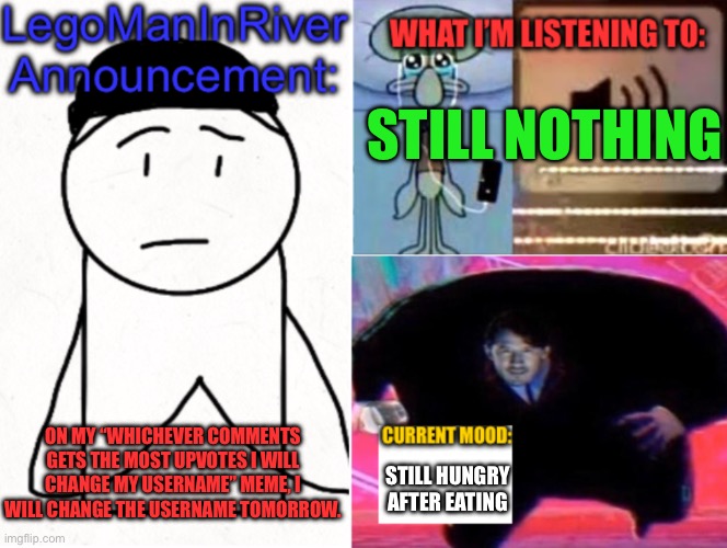 LegoManInRiver Announcement | STILL NOTHING; ON MY “WHICHEVER COMMENTS GETS THE MOST UPVOTES I WILL CHANGE MY USERNAME” MEME, I WILL CHANGE THE USERNAME TOMORROW. STILL HUNGRY AFTER EATING | image tagged in legomaninriver announcement | made w/ Imgflip meme maker