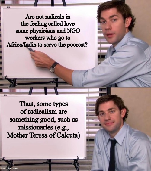 Radicalism is not always something bad | Are not radicals in the feeling called love some physicians and NGO workers who go to Africa/India to serve the poorest? Thus, some types of radicalism are something good, such as missionaries (e.g., Mother Teresa of Calcuta) | image tagged in jim halpert explains | made w/ Imgflip meme maker