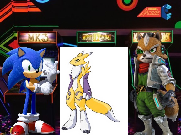 Sonic,Renamon and Fox McCloud having Fun at the arcade | image tagged in arcade,star fox,sonic the hedgehog,digimon,crossover | made w/ Imgflip meme maker