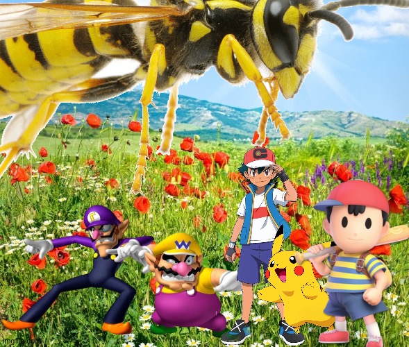 Wario and Friends dies by a Giant wasp because of Waluigi destroying its nest during a nature expedition | image tagged in wario dies,earthbound,pokemon,super mario,crossover | made w/ Imgflip meme maker