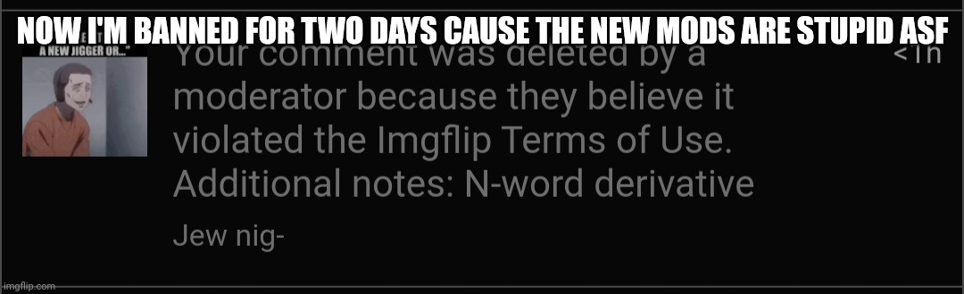 NOW I'M BANNED FOR TWO DAYS CAUSE THE NEW MODS ARE STUPID ASF | made w/ Imgflip meme maker