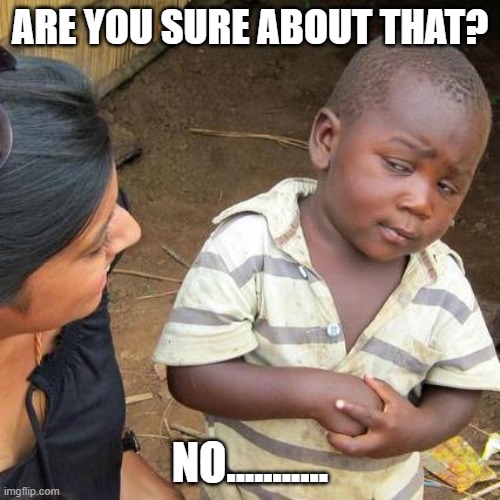 Third World Skeptical Kid | ARE YOU SURE ABOUT THAT? NO........... | image tagged in memes,third world skeptical kid | made w/ Imgflip meme maker