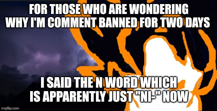 LowTeirGoob | FOR THOSE WHO ARE WONDERING WHY I'M COMMENT BANNED FOR TWO DAYS; I SAID THE N WORD WHICH IS APPARENTLY JUST "NI-" NOW | image tagged in lowteirgoob | made w/ Imgflip meme maker