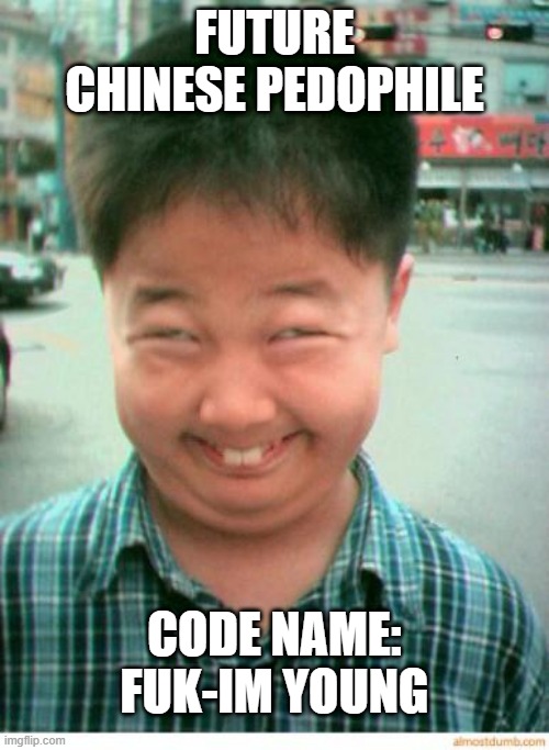 Chinese Pedo | FUTURE CHINESE PEDOPHILE; CODE NAME: FUK-IM YOUNG | image tagged in funny asian face | made w/ Imgflip meme maker