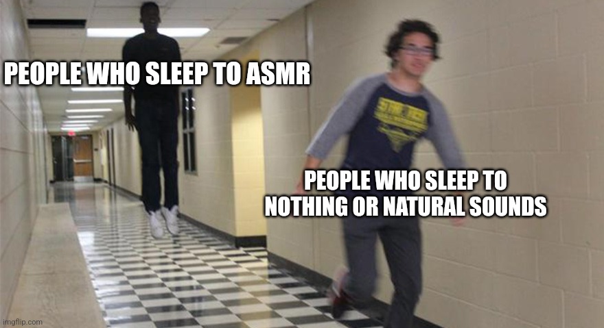 running guy floating | PEOPLE WHO SLEEP TO ASMR; PEOPLE WHO SLEEP TO NOTHING OR NATURAL SOUNDS | image tagged in running guy floating | made w/ Imgflip meme maker