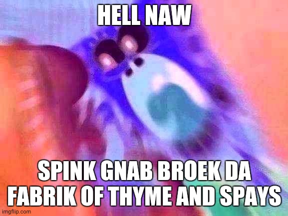 What He Guna Doo | HELL NAW; SPINK GNAB BROEK DA FABRIK OF THYME AND SPAYS | image tagged in spongebob blur | made w/ Imgflip meme maker