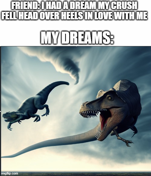 FRIEND: I HAD A DREAM MY CRUSH FELL HEAD OVER HEELS IN LOVE WITH ME; MY DREAMS: | image tagged in white text box | made w/ Imgflip meme maker