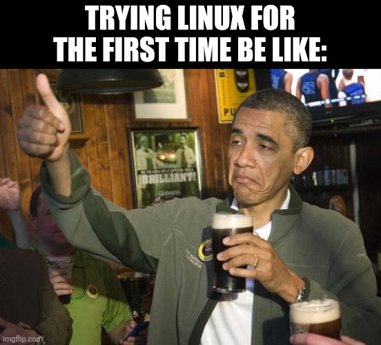 Just switched from ?. | TRYING LINUX FOR THE FIRST TIME BE LIKE: | image tagged in obama beer | made w/ Imgflip meme maker