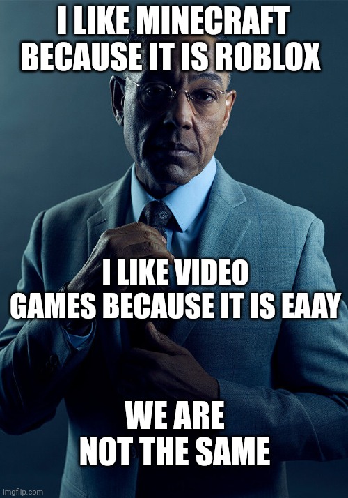 It was the same | I LIKE MINECRAFT BECAUSE IT IS ROBLOX; I LIKE VIDEO GAMES BECAUSE IT IS EAAY; WE ARE NOT THE SAME | image tagged in gus fring we are not the same,memes,funny | made w/ Imgflip meme maker