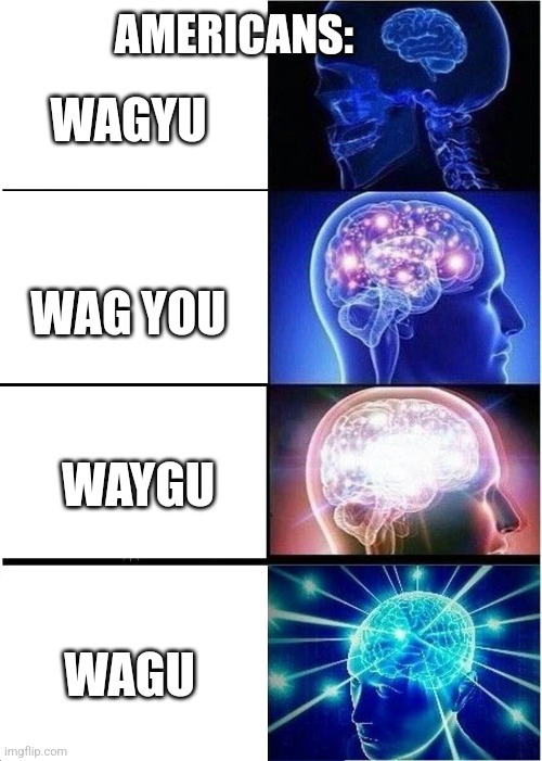Expanding Brain | AMERICANS:; WAGYU; WAG YOU; WAYGU; WAGU | image tagged in memes,expanding brain | made w/ Imgflip meme maker