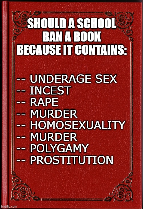 Book ban | SHOULD A SCHOOL BAN A BOOK BECAUSE IT CONTAINS:; -- UNDERAGE SEX 
-- INCEST 
-- RAPE 
-- MURDER 
-- HOMOSEXUALITY
-- MURDER 
-- POLYGAMY 
-- PROSTITUTION | image tagged in blank book | made w/ Imgflip meme maker