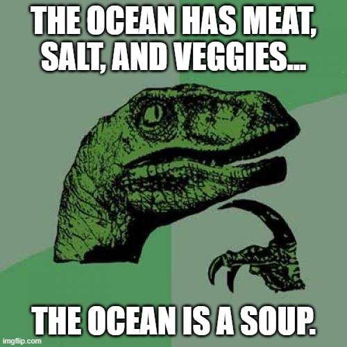 The Forbidden Soup | THE OCEAN HAS MEAT, SALT, AND VEGGIES... THE OCEAN IS A SOUP. | image tagged in memes,philosoraptor | made w/ Imgflip meme maker