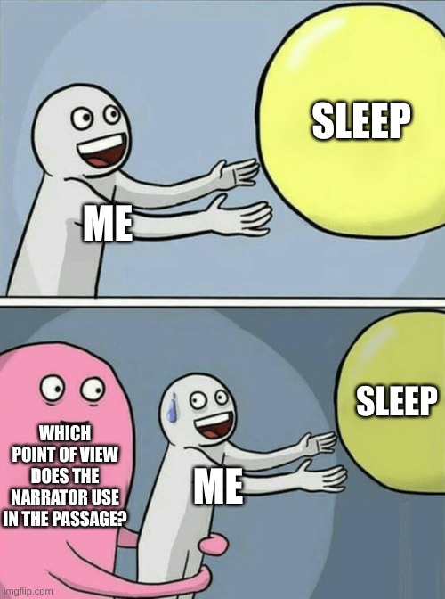 school hw belike | SLEEP; ME; SLEEP; WHICH POINT OF VIEW DOES THE NARRATOR USE IN THE PASSAGE? ME | image tagged in memes,running away balloon | made w/ Imgflip meme maker