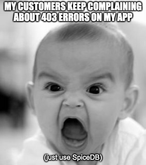 Angry Baby Meme | MY CUSTOMERS KEEP COMPLAINING ABOUT 403 ERRORS ON MY APP; (just use SpiceDB) | image tagged in memes,angry baby | made w/ Imgflip meme maker