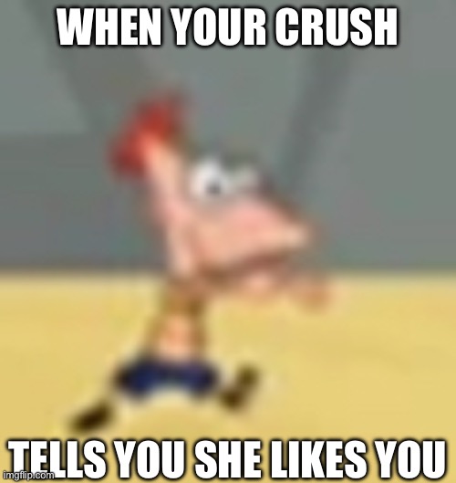 Phineas from Far Away | WHEN YOUR CRUSH; TELLS YOU SHE LIKES YOU | image tagged in phineas from far away | made w/ Imgflip meme maker