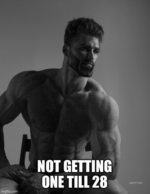 Giga Chad | NOT GETTING ONE TILL 28 | image tagged in giga chad | made w/ Imgflip meme maker