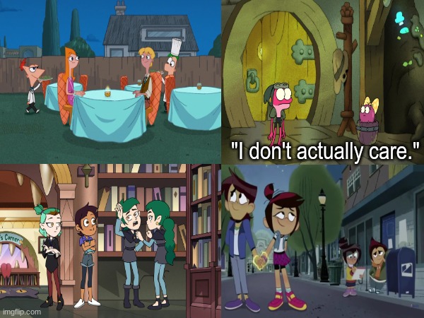 Disney TVA Characters who never made fun of their sibling's crush | "I don't actually care." | image tagged in disney,cartoon,the owl house,love,phineas and ferb | made w/ Imgflip meme maker
