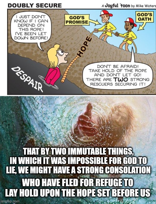THAT BY TWO IMMUTABLE THINGS, IN WHICH IT WAS IMPOSSIBLE FOR GOD TO LIE, WE MIGHT HAVE A STRONG CONSOLATION; WHO HAVE FLED FOR REFUGE TO LAY HOLD UPON THE HOPE SET BEFORE US | image tagged in hebrews 6 18,jesus rescuing | made w/ Imgflip meme maker