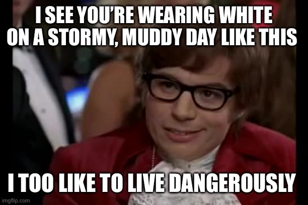 I Too Like To Live Dangerously | I SEE YOU’RE WEARING WHITE ON A STORMY, MUDDY DAY LIKE THIS; I TOO LIKE TO LIVE DANGEROUSLY | image tagged in memes,i too like to live dangerously,raining,storm,mud,flooding | made w/ Imgflip meme maker