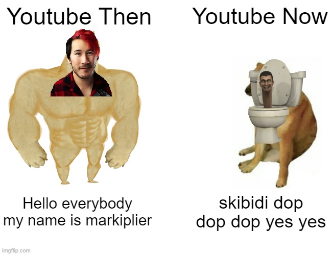 markiplier vs skibidi toilet | Youtube Then; Youtube Now; Hello everybody my name is markiplier; skibidi dop dop dop yes yes | image tagged in memes,buff doge vs cheems | made w/ Imgflip meme maker