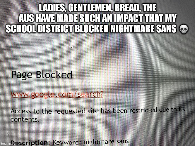 I wonder what this au did to them to warrant blocking it | LADIES, GENTLEMEN, BREAD, THE AUS HAVE MADE SUCH AN IMPACT THAT MY SCHOOL DISTRICT BLOCKED NIGHTMARE SANS 💀 | image tagged in sans undertale,school,nightmare sans,sans undertale is coming for your ethmoid | made w/ Imgflip meme maker