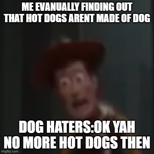 Screaming Woody | ME EVANUALLY FINDING OUT THAT HOT DOGS ARENT MADE OF DOG; DOG HATERS:OK YAH NO MORE HOT DOGS THEN | image tagged in screaming woody | made w/ Imgflip meme maker